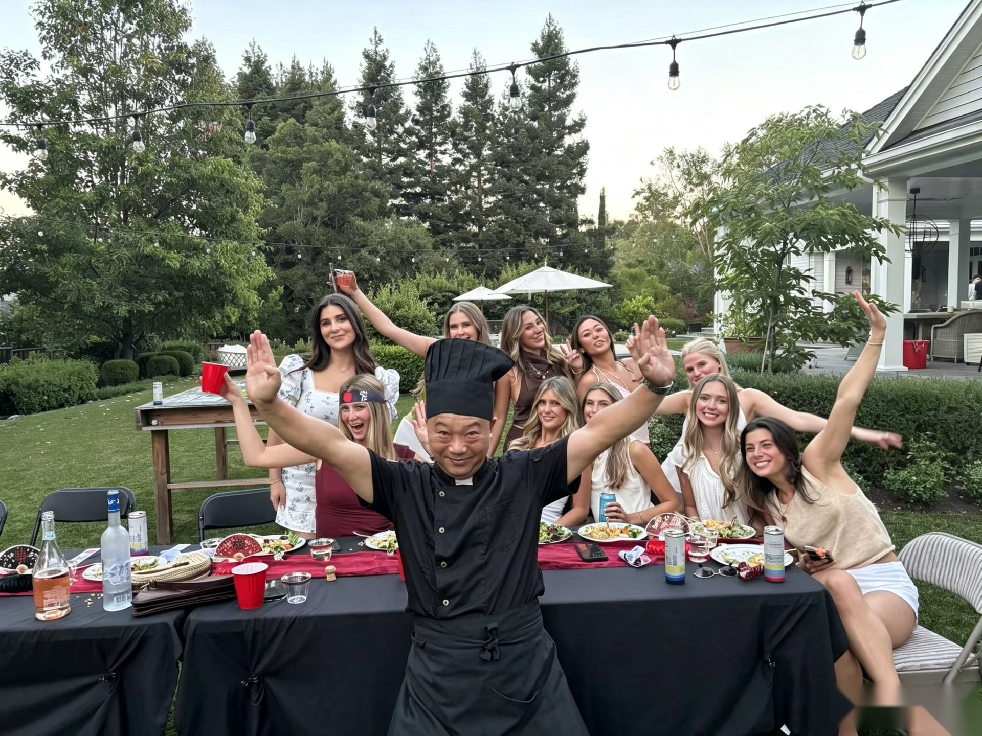 Happy guests enjoying a hibachi cooking show